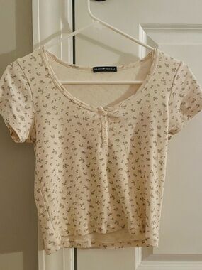 Brandy Melville Cream Short-Sleeve Floral Henley Tee
